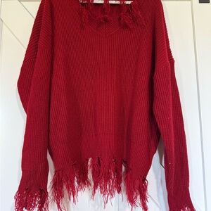 SHEIN Red V-Neck Sweater with Fringe Detailing